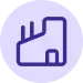 Ícono de edificio industrial en color morado sobre fondo lila claro